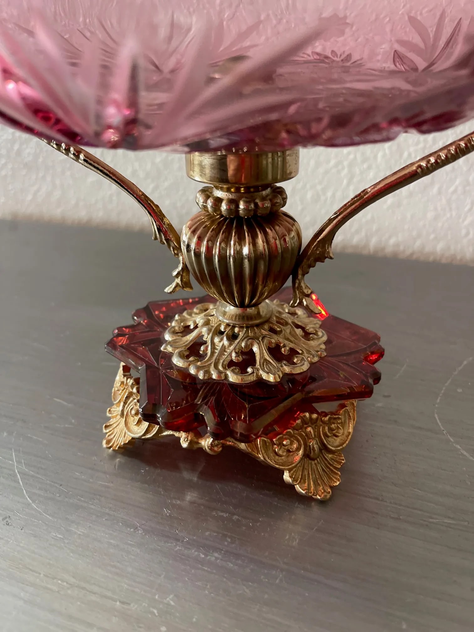 Italian Mid-Century Mauve Rose Cut Crystal and Brass Pedestal Compote Bowl - 7