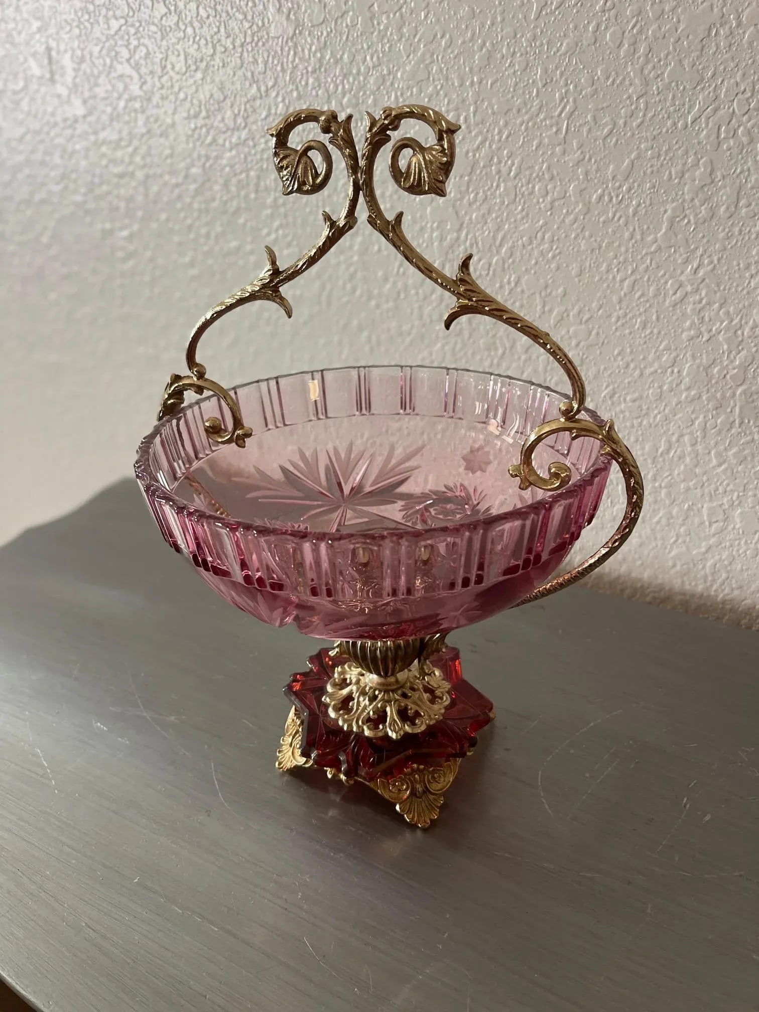 Italian Mid-Century Mauve Rose Cut Crystal and Brass Pedestal Compote Bowl - 9