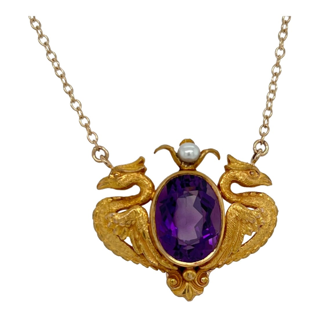 Antique 14k Carter Gough Griffin Amethyst Pearl Pendant on Chain: This is part of Chairish's Fine Jewelry assortment. This is a wonderful Art Nouveau necklace consisting of two opposing 14K gold griffins. The gold is finely cast with much detail to the work. In the