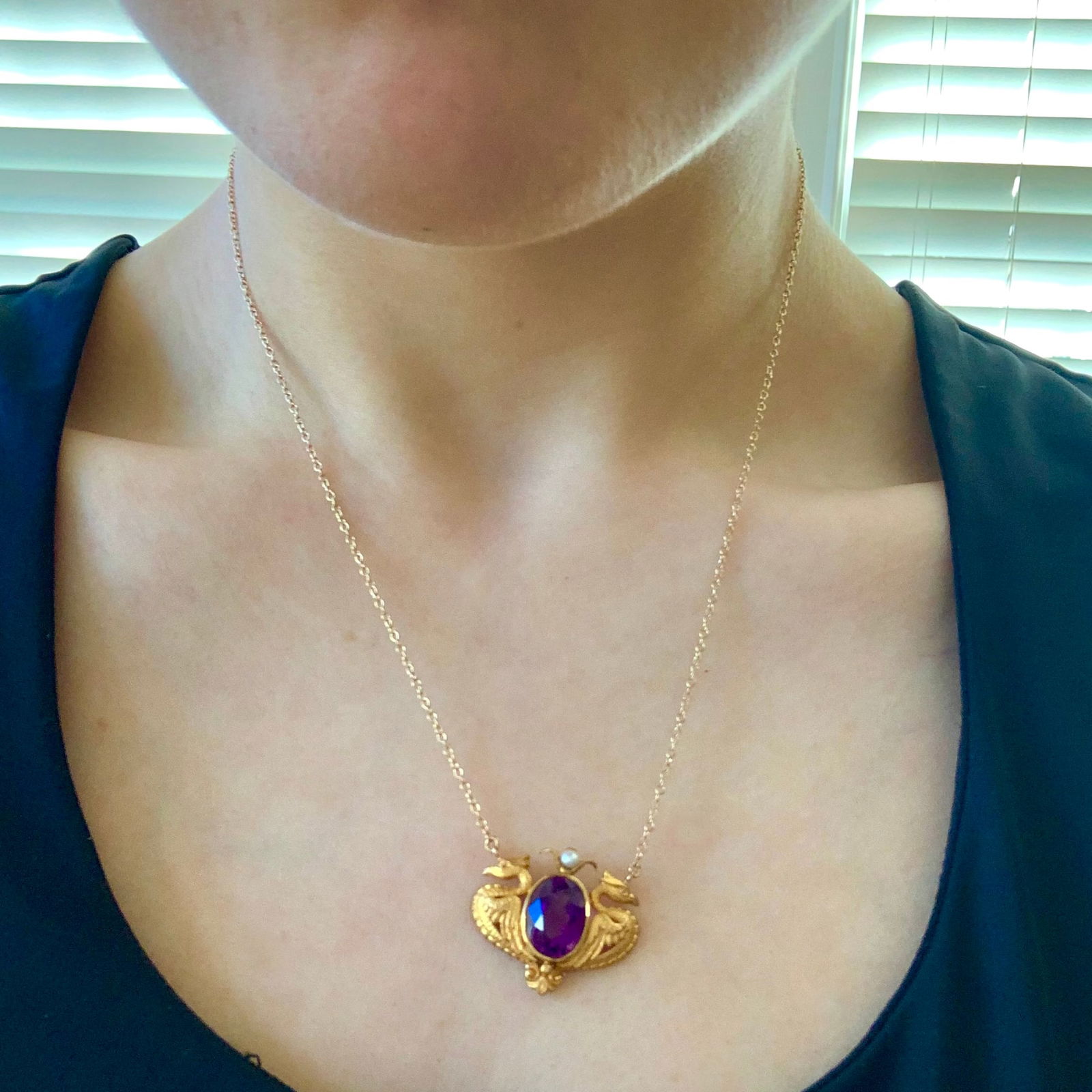 Antique 14k Carter Gough Griffin Amethyst Pearl Pendant on Chain - 2