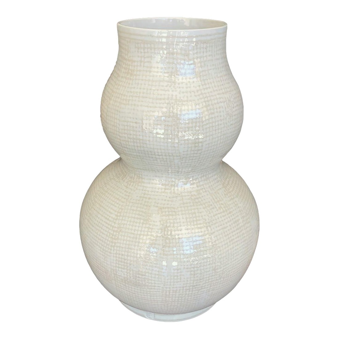 1990s Roy Hamilton Studio Pottery "Linen" Double Gourd Vase in Beige on Cream: A studio pottery vase made by Roy Hamilton, circa early 2000's. The classic "Double Gourd" vase was hand decorated with his slip glaze technique in a speckled beige "Linen" pattern on cream. Signed on