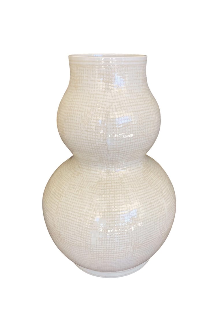 1990s Roy Hamilton Studio Pottery "Linen" Double Gourd Vase in Beige on Cream - 2