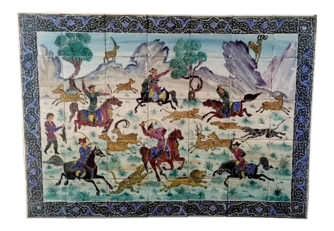 Hand Painted Persian Tile Panel Hunt Scene / Persian Miniature Art Mosaic: Magnificent hand painted ceramic Persian tiles. 35 individual tiles combined to form a hunting scene and mounted on wood. Approximate measurements 30.25" height x 42" width x 4" depth. Loss to edge of