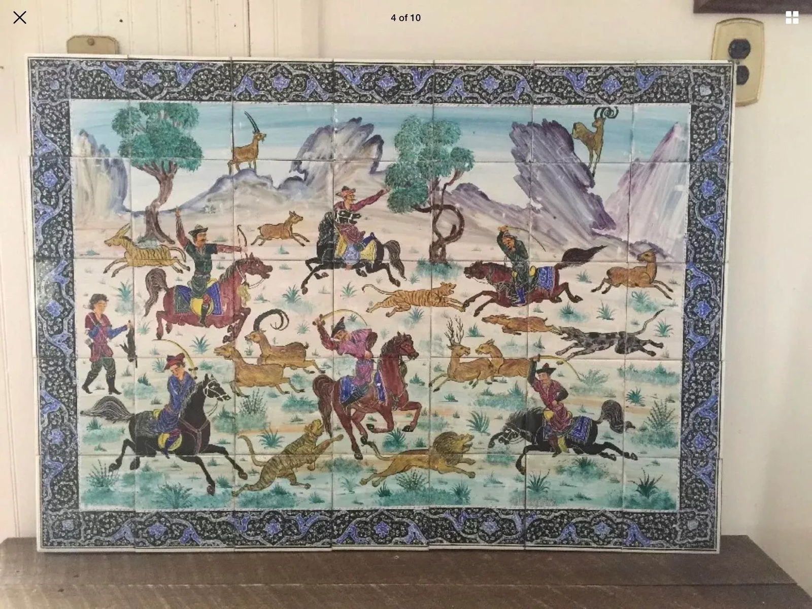 Hand Painted Persian Tile Panel Hunt Scene / Persian Miniature Art Mosaic - 2