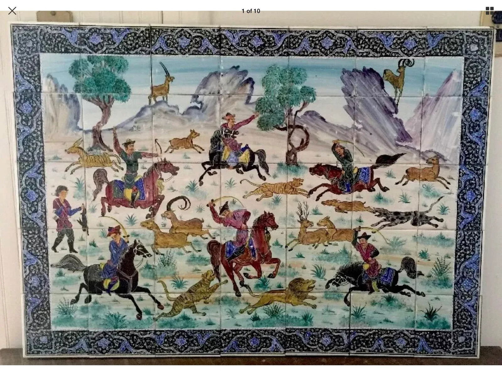 Hand Painted Persian Tile Panel Hunt Scene / Persian Miniature Art Mosaic - 8