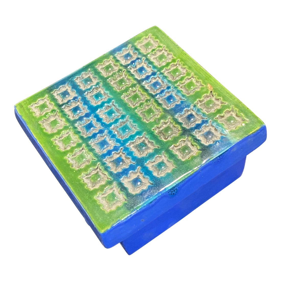 Ceramic Box by Aldo Londi for Bitossi, Italy Circa 1960s: This captivating ceramic box, a creation by Aldo Londi and meticulously crafted by the renowned Bitossi during the 1960s, boasts a rare and distinctive pattern in a delightful blend of green and purpl