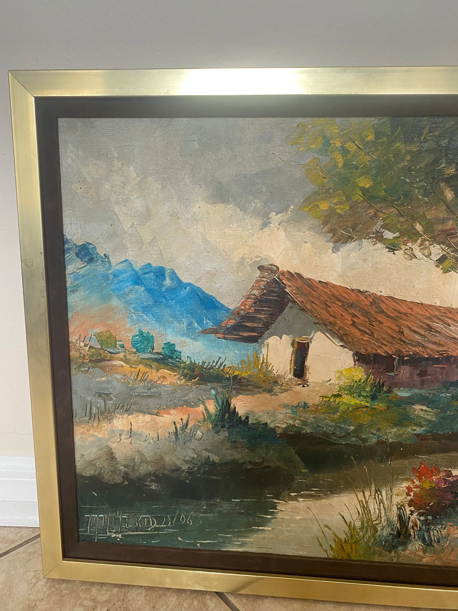 1960s Mid Century Modern House in Forest Landscape Painting With Gold Frame Signed Manuel Munoz Meri - 2