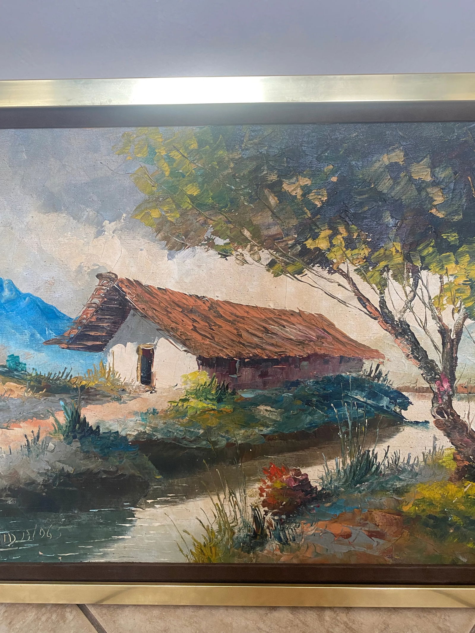 1960s Mid Century Modern House in Forest Landscape Painting With Gold Frame Signed Manuel Munoz Meri - 3