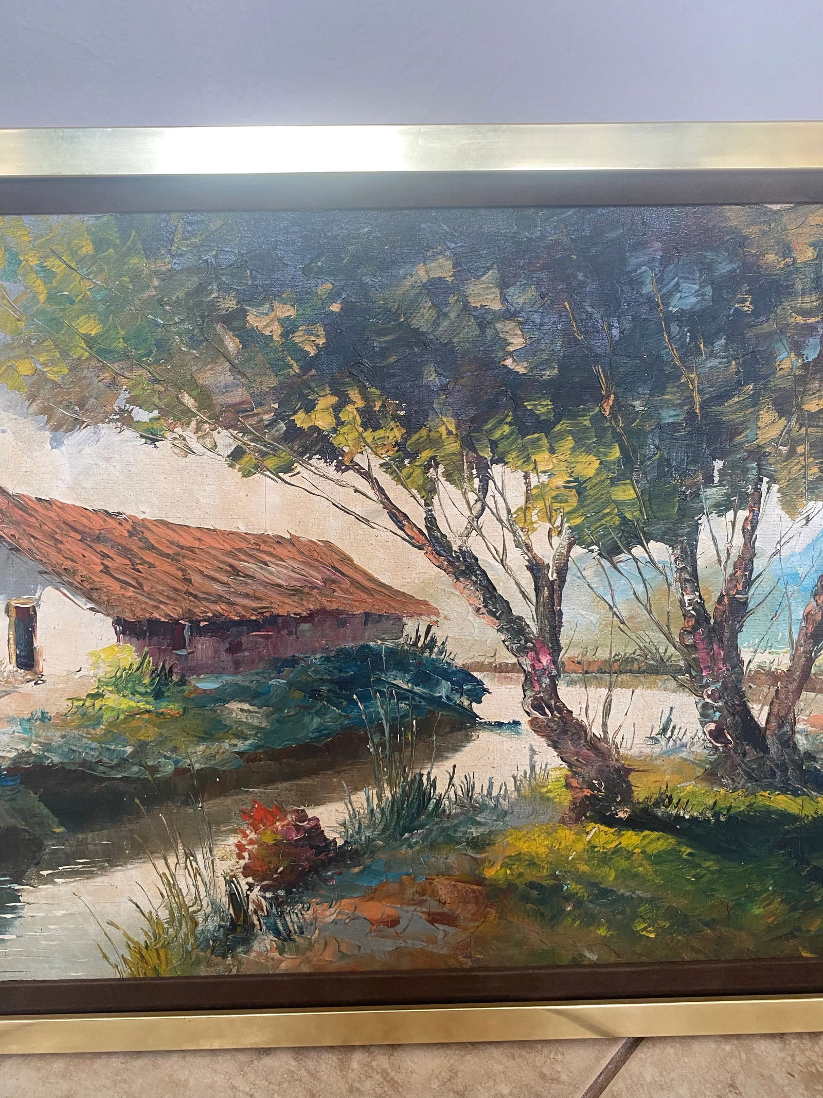 1960s Mid Century Modern House in Forest Landscape Painting With Gold Frame Signed Manuel Munoz Meri - 4