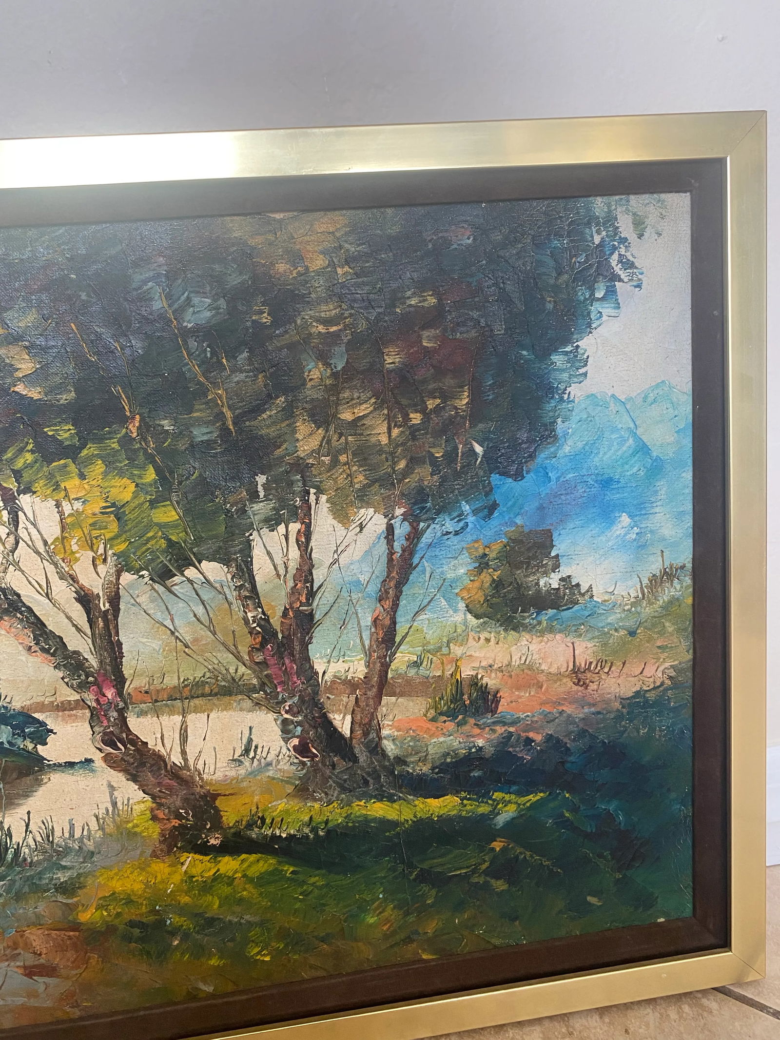 1960s Mid Century Modern House in Forest Landscape Painting With Gold Frame Signed Manuel Munoz Meri - 9
