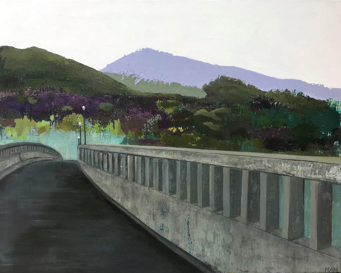 "Connection" Contemporary Impressionist Cityscape of Bridge in Green, Blue, Purple by Mill Valley: Title: "Connection" Vintage lamp posts and walkway of the pedestrian portion of Larkspur's recently replaced Bon Air Bridge serve as foreground for Mt. Tamalpais. Original (New) - Acrylic on canvas My