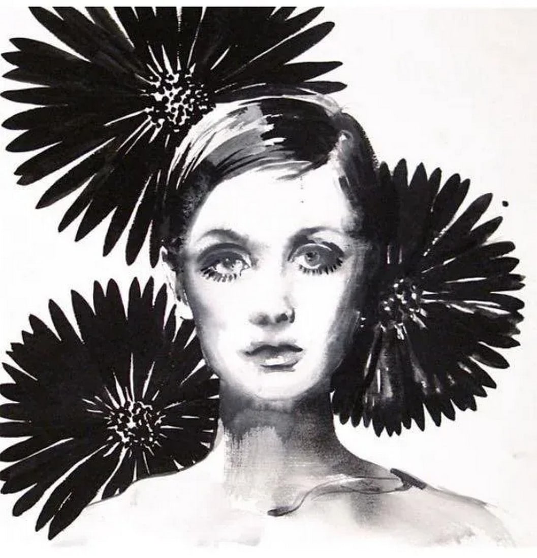Twiggy With Flowers in Black Painting by Gretchen Kelly: My love for Twiggy goes back to my childhood in the 1960s when I looked at my mother's Vogue magazines and she wore the top designer's fashions. I made my own paper doll cutouts featuring Twiggy and I