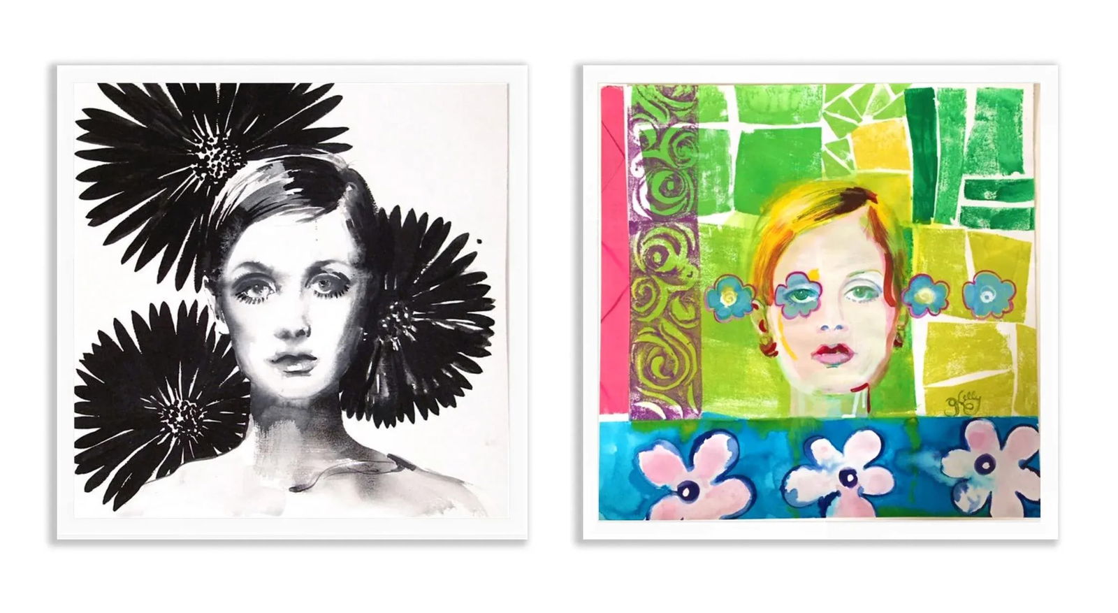 Twiggy With Flowers in Black Painting by Gretchen Kelly - 2