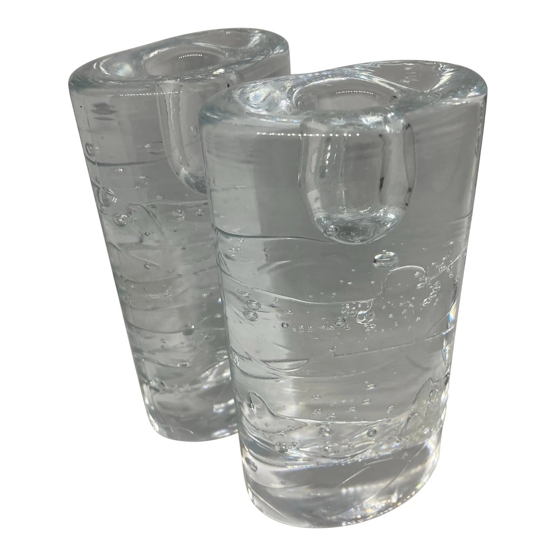 1960s Iittala Finland Timo Sarpaneva Arkipelago Ice Block Oval Thick Glass Candle Holders- Set of 2: Set of 2 Vintage Iittala Finland Designed by Timo Sarpaneva Arkipelago Ice block look thick glass candle holders Clear glass Oval pillars 5 1/4" x 3" x 2", 2lb 5oz each Condition: Alterations: Origina