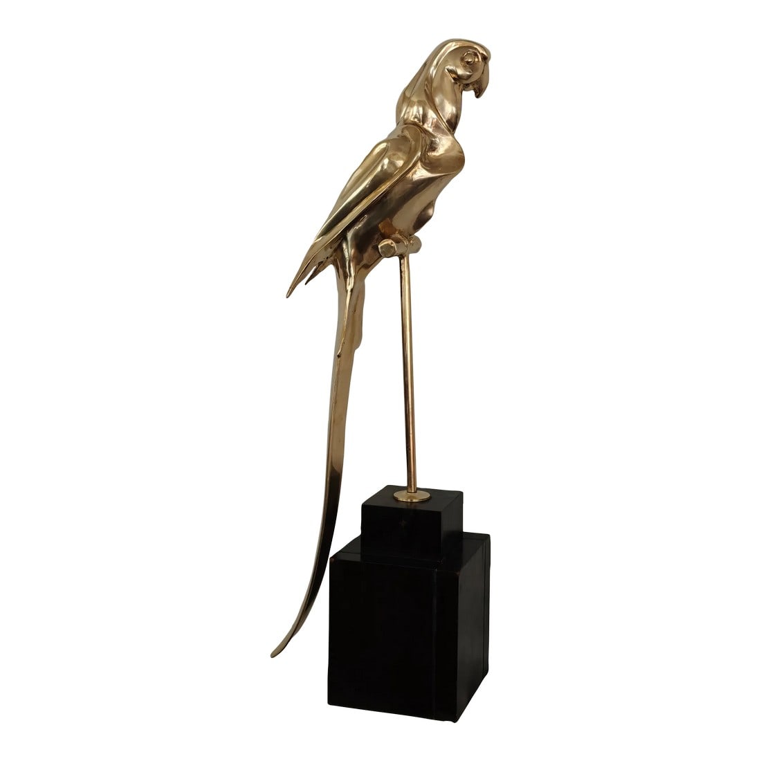 Vintage Brass Sculpture Macaw Parrot on Perch, Wood Base: This artistic appreciation of the macaw is life-sized and quite majestic! Similar sculptures found across the internet date anywhere from Art Deco to 1970's, but no conclusive information was found. W