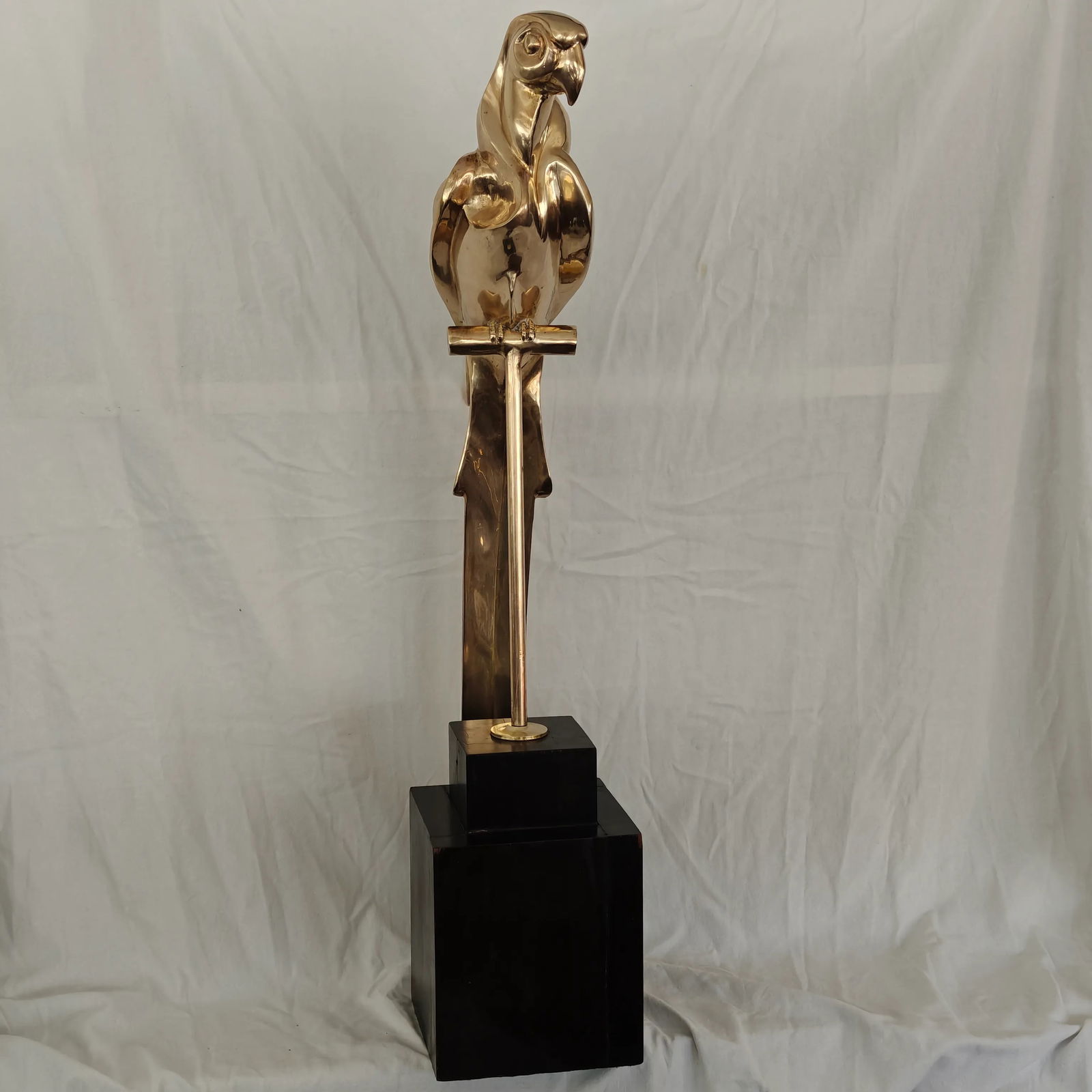 Vintage Brass Sculpture Macaw Parrot on Perch, Wood Base - 3