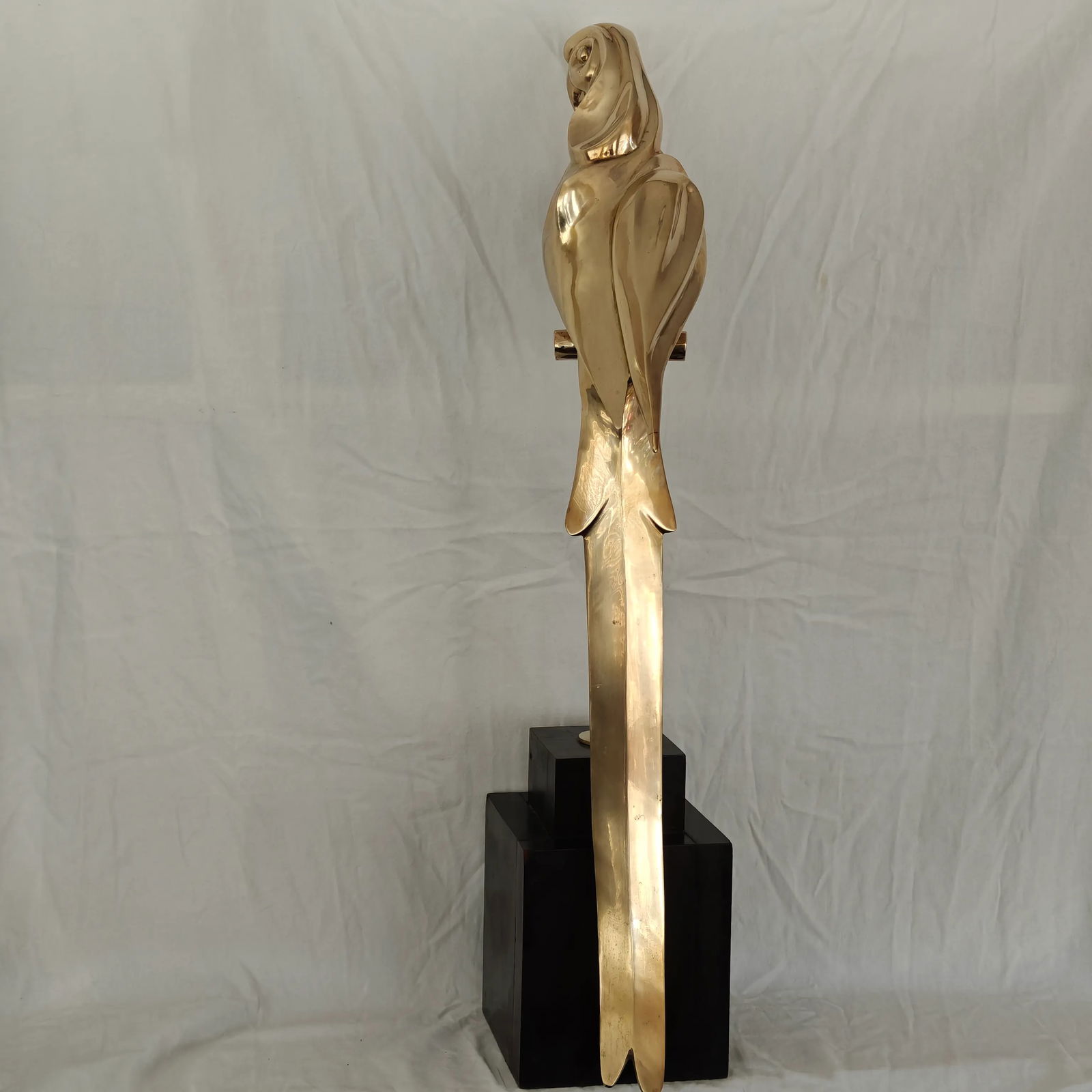 Vintage Brass Sculpture Macaw Parrot on Perch, Wood Base - 4