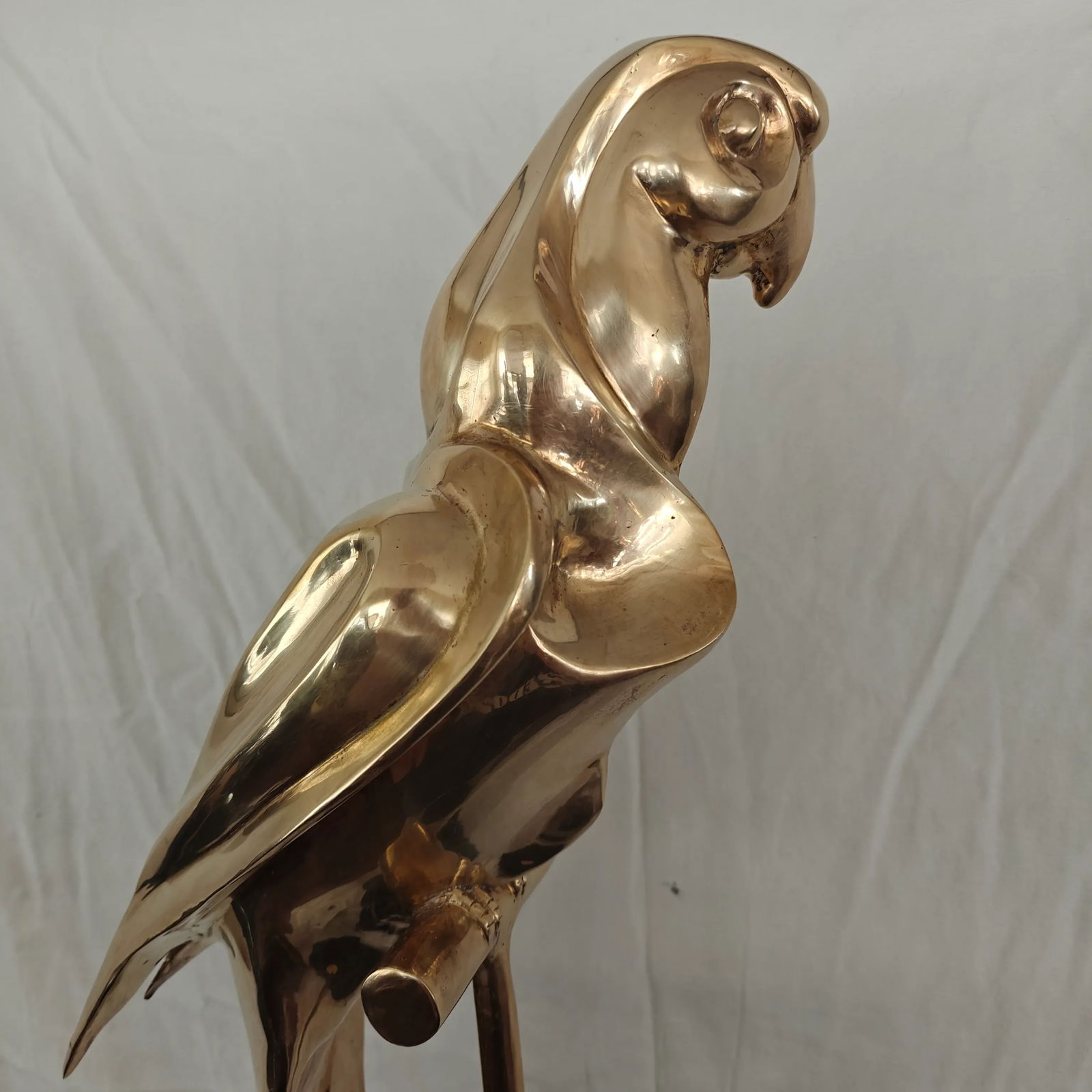 Vintage Brass Sculpture Macaw Parrot on Perch, Wood Base - 5