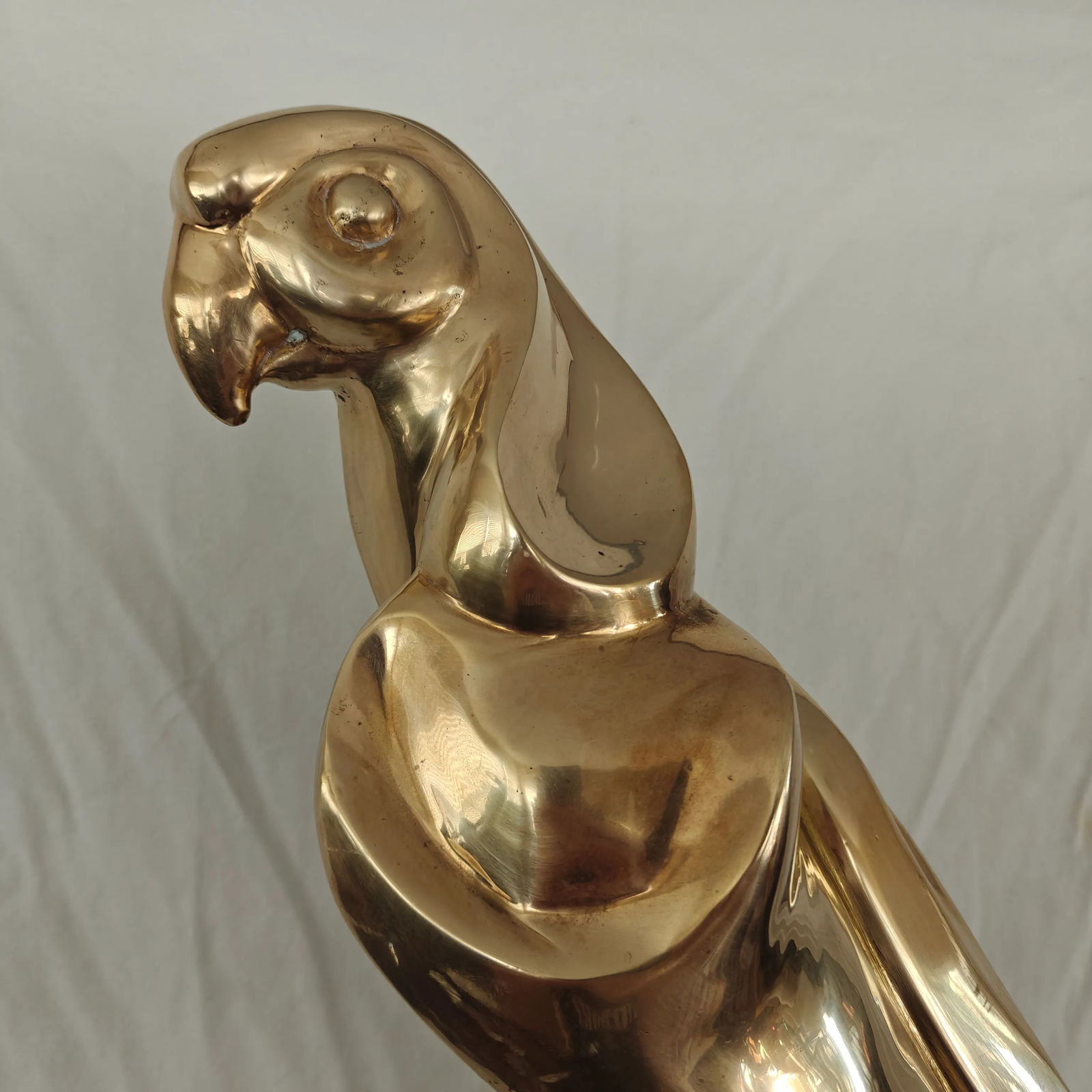 Vintage Brass Sculpture Macaw Parrot on Perch, Wood Base - 7