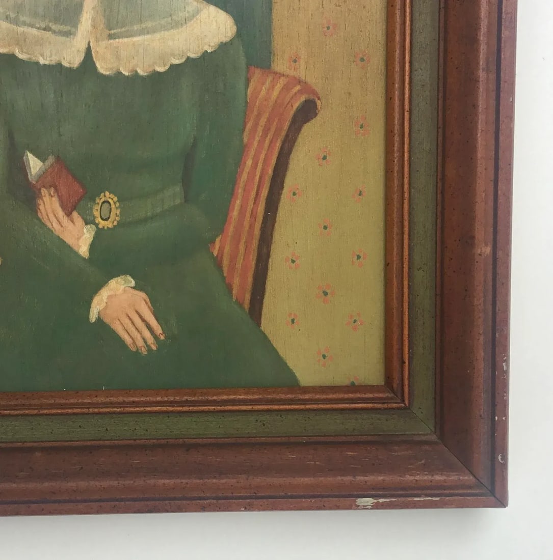 Folk Art Portrait of a Lady With Book, Oil Painting on Wood, Mid 20th Century, Framed - 2