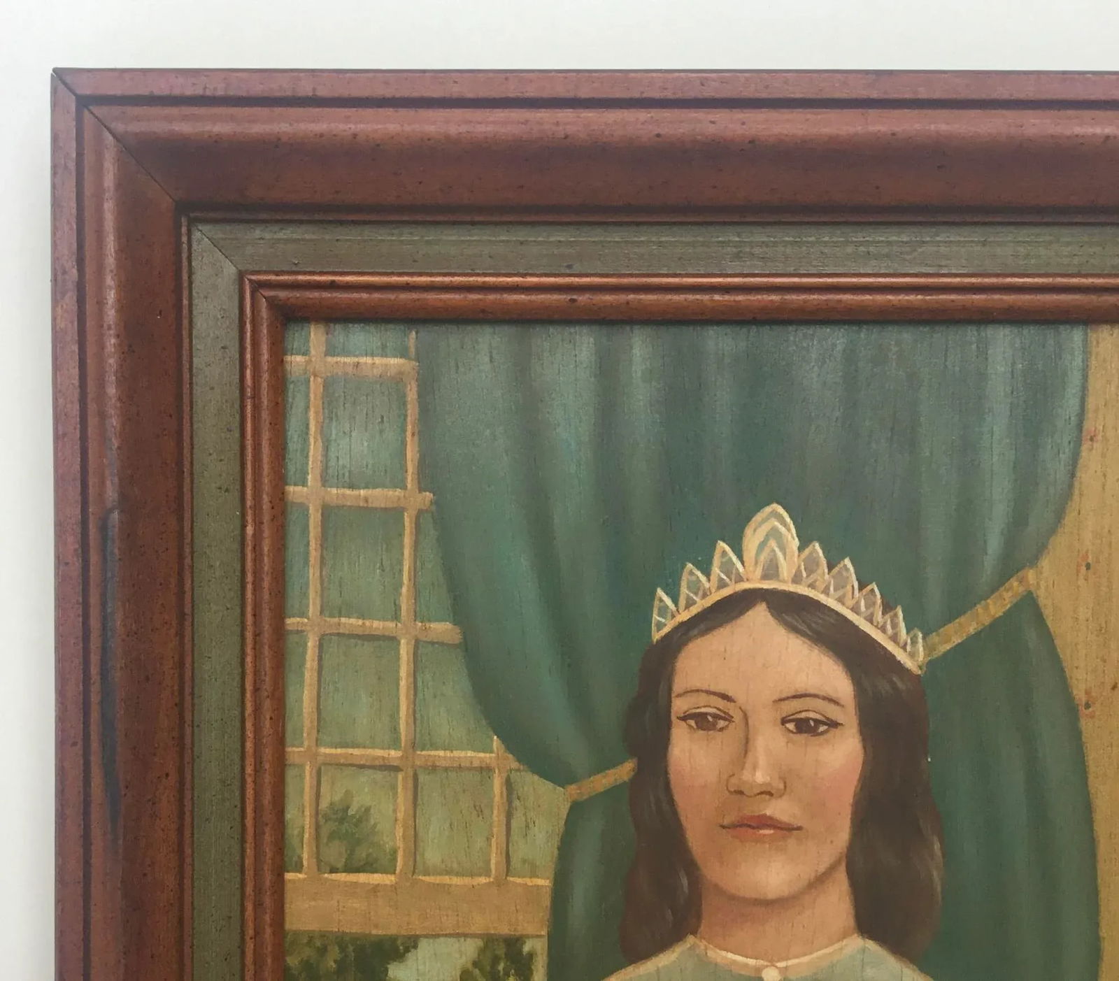 Folk Art Portrait of a Lady With Book, Oil Painting on Wood, Mid 20th Century, Framed - 5