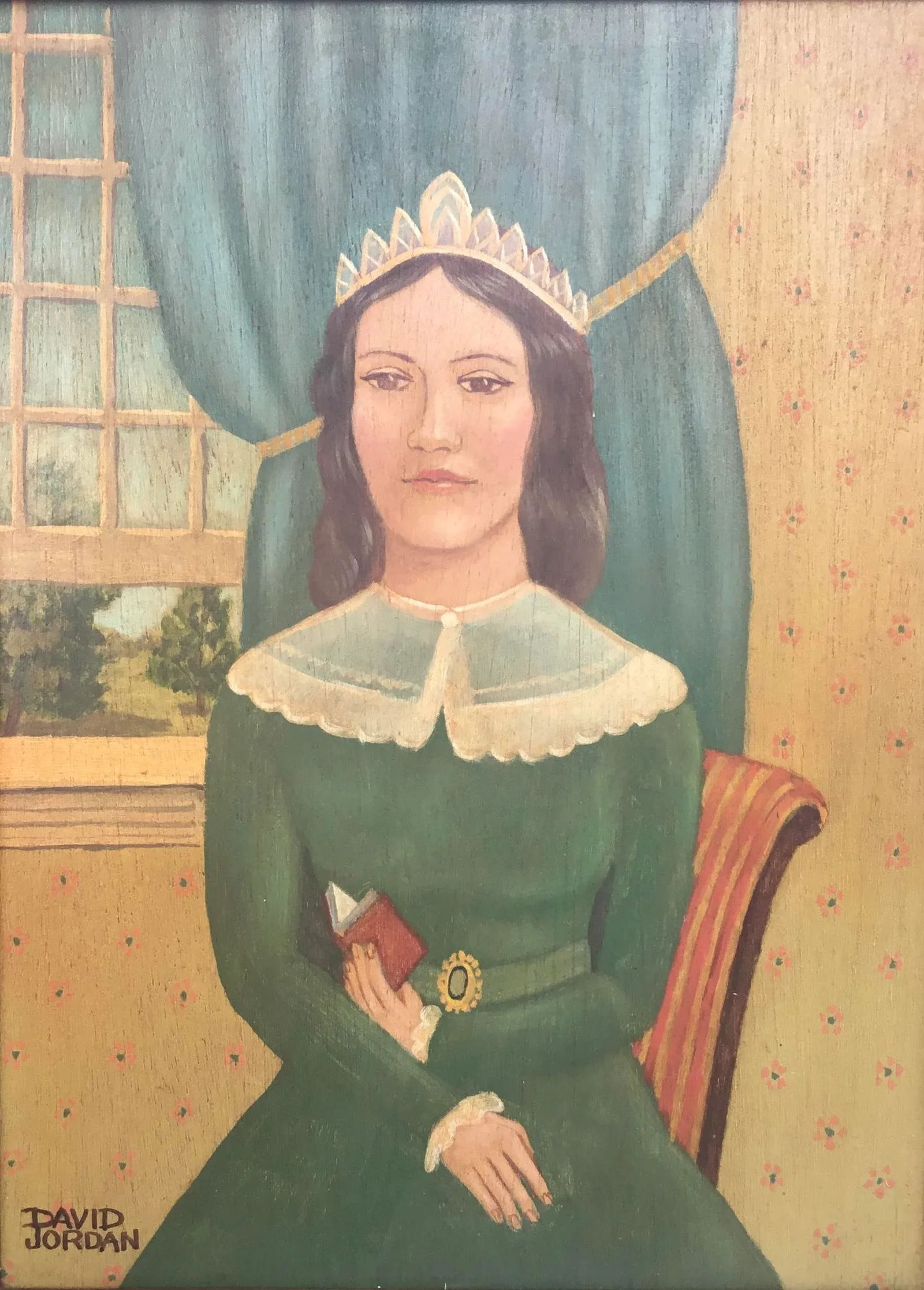 Folk Art Portrait of a Lady With Book, Oil Painting on Wood, Mid 20th Century, Framed - 6
