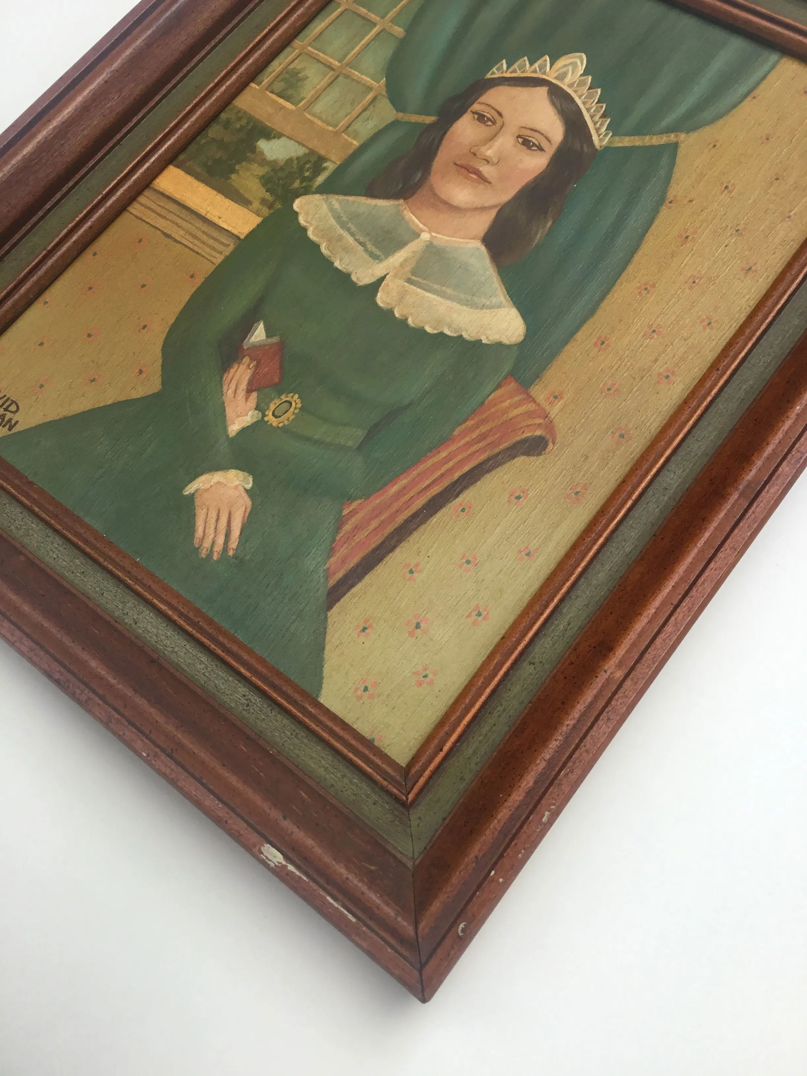 Folk Art Portrait of a Lady With Book, Oil Painting on Wood, Mid 20th Century, Framed - 8