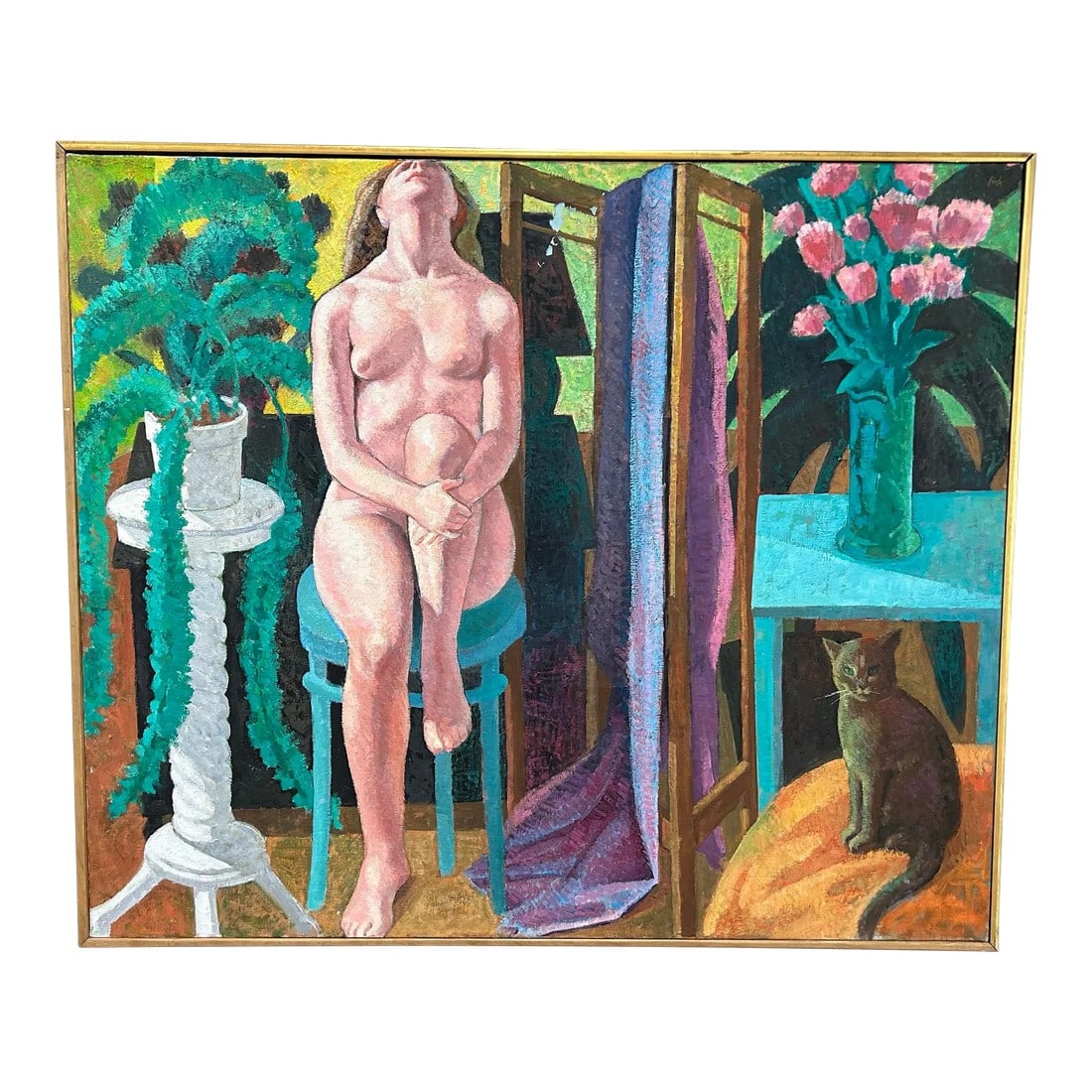 1990s Large Impressionist Oil Painting of Nude Woman and Cat by Robert Finch, Framed: Stunning original impressionist oil painting of a woman in interior with a cat by listed artist Robert Finch. Very large, measures 45" x 51". Condition: Alterations: Original Condition Una