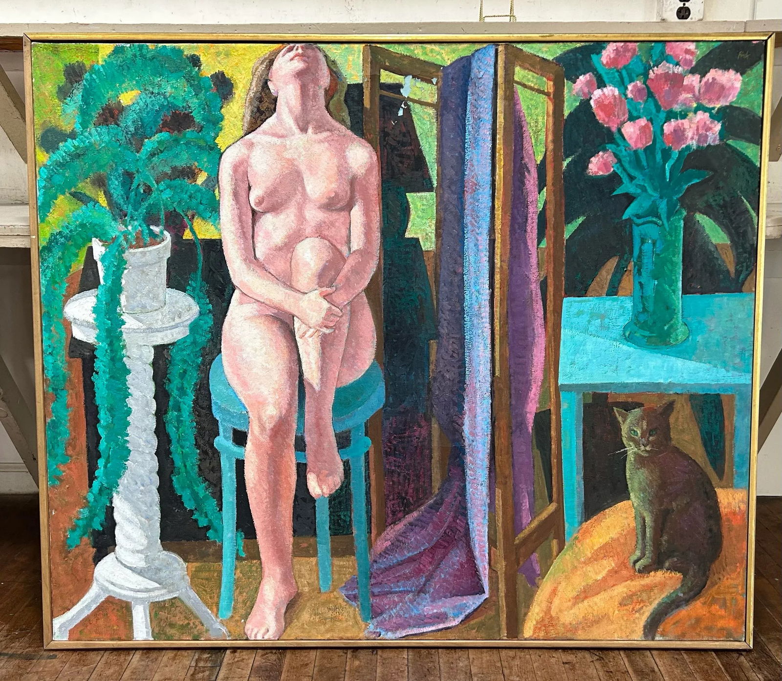 1990s Large Impressionist Oil Painting of Nude Woman and Cat by Robert Finch, Framed - 2