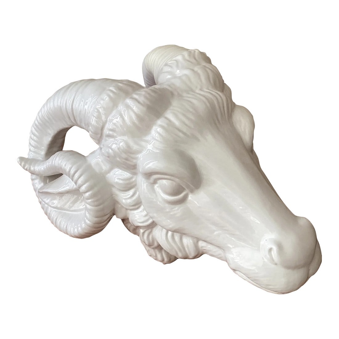 Vintage Neoclassical Italian White Glazed Porcelain Ram's Head Wall Hanging Sculpture, Circa 1980s (1 of 12)