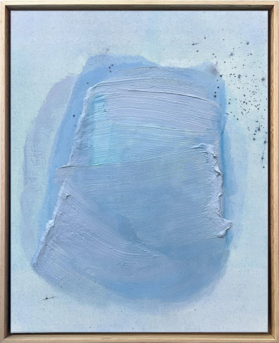 "Raku No02" "Raku No01" Dimensional Texture Abstract Painting in Atmospheric Sky Blue and Periwinkle: The painting is an art study of acrylic, ink, texture medium, and glaze on stretched canvas, which is framed in a natural wood float frame. This experimental art study was painted in 2023 while the ar