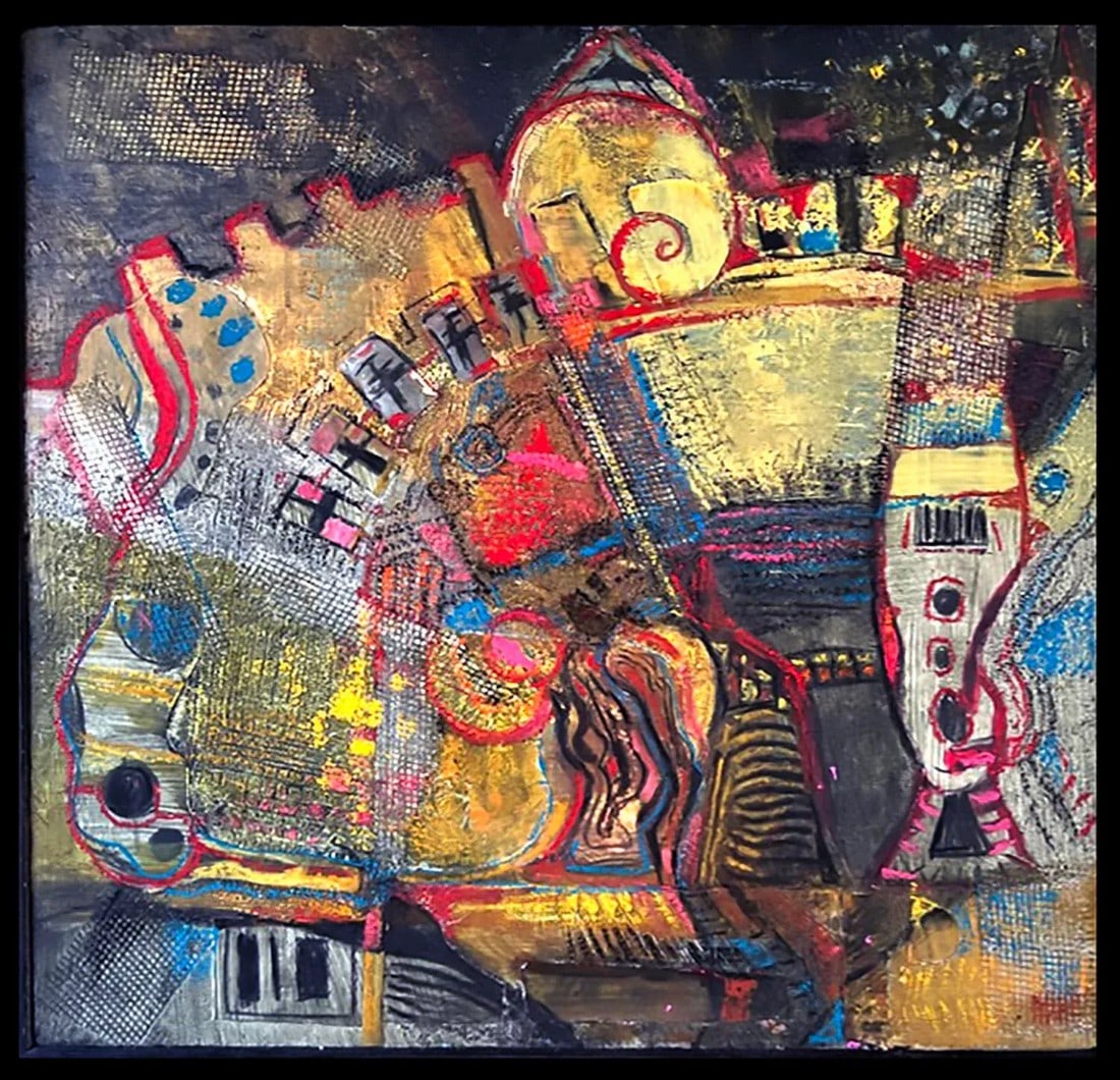 "Game of Stones", an Abstract Collage, Framed: This abstract collage features a complex composition of colors, shapes, and textures. The dominant colors include shades of yellow, red, and blue, with hints of green and gray. The painting has layere