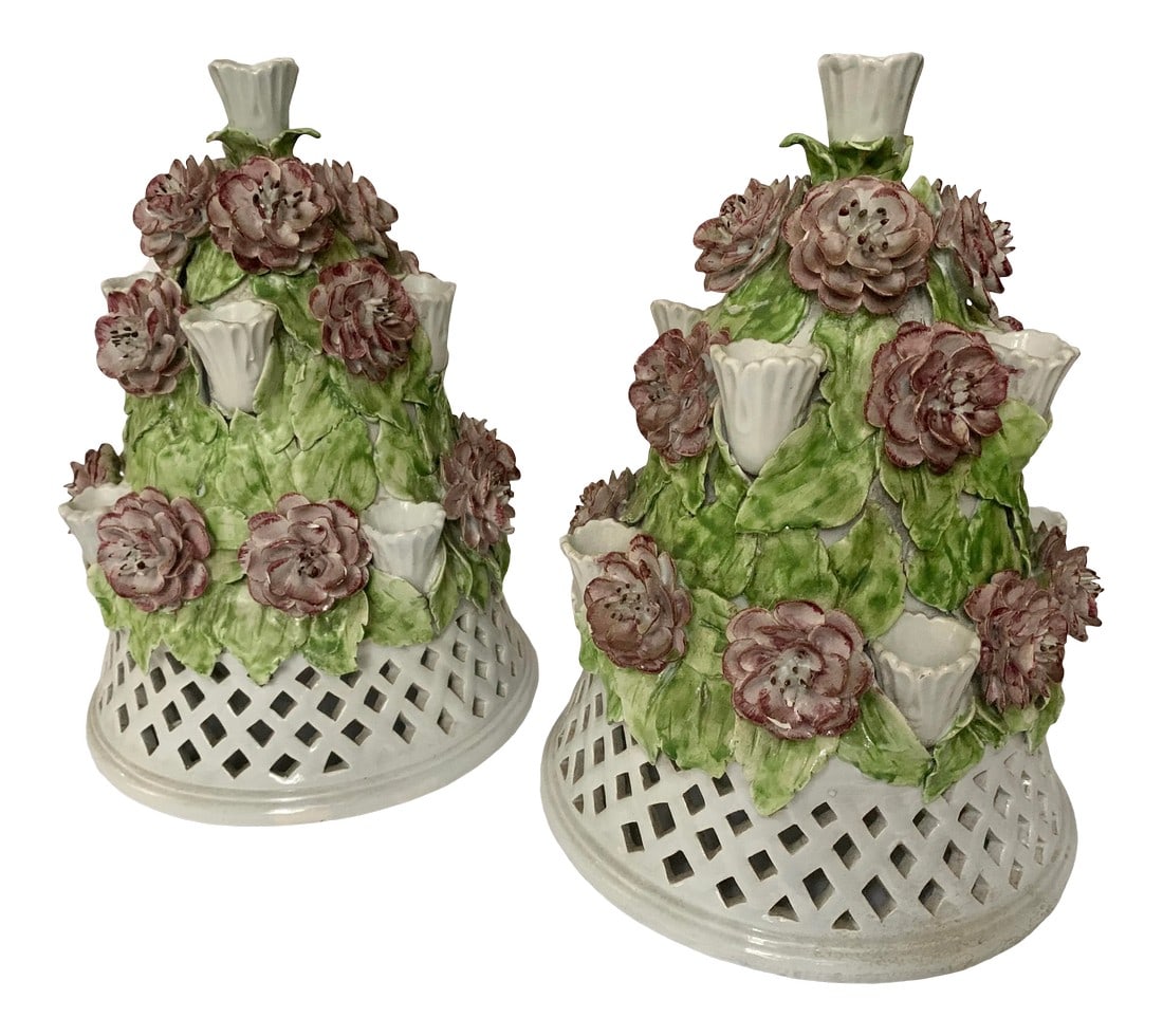 Floral Italian Porcelain Table Candelabra - a Pair: Rare and beautiful PAIR of Italian porcelain topiary candelabra. 16 intricate lavendar and purple flowers and green leaves form a lush and delicate topiary with 9 taper candle holders all atop a white