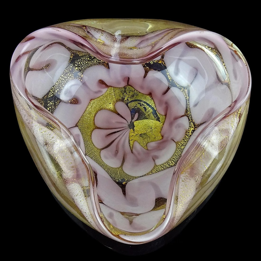 Murano Barovier Toso Vintage Lavender Purple Gold Flecks Swirling Cloud Design Italian Art Glass Bow - 2