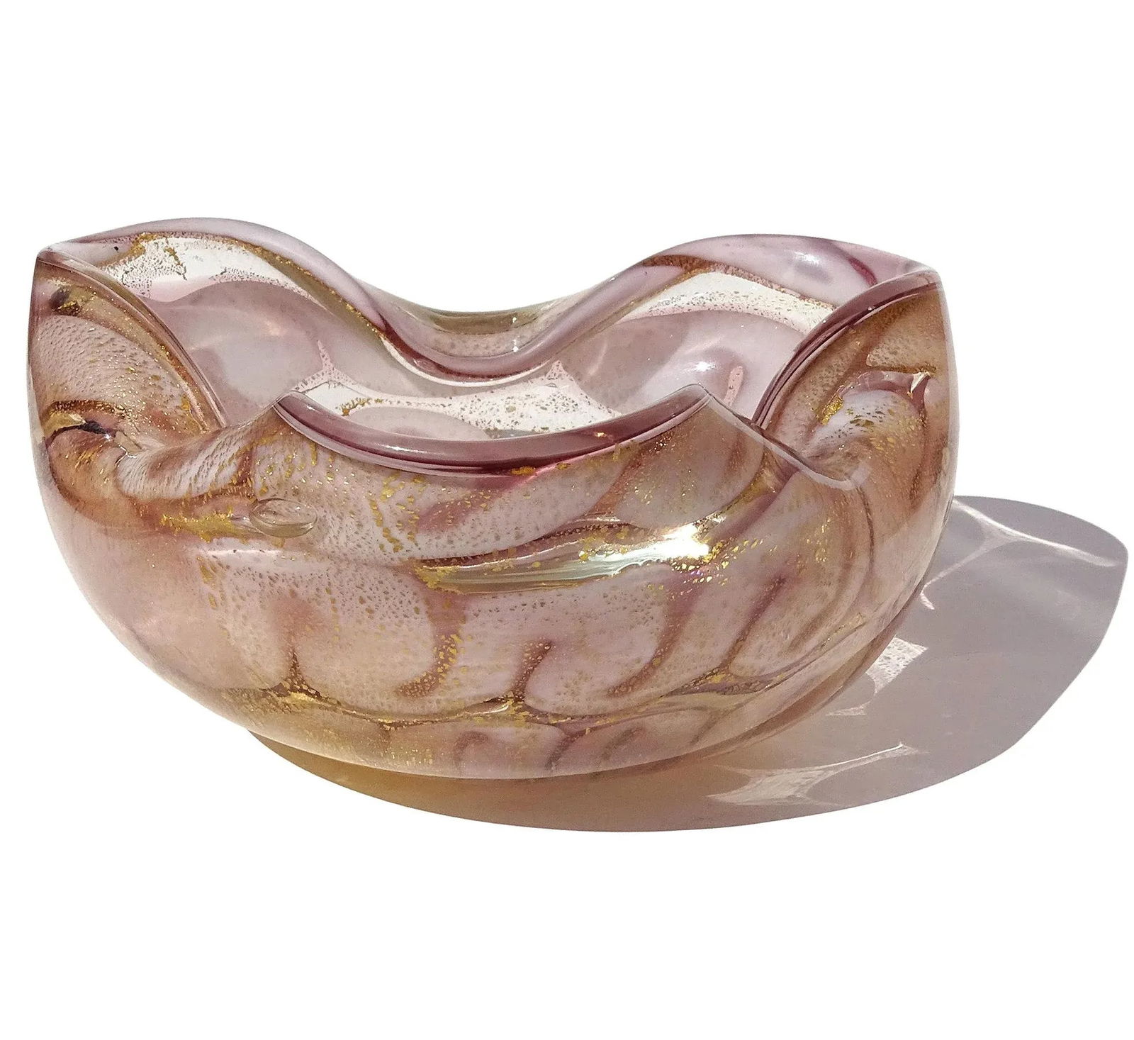 Murano Barovier Toso Vintage Lavender Purple Gold Flecks Swirling Cloud Design Italian Art Glass Bow - 3