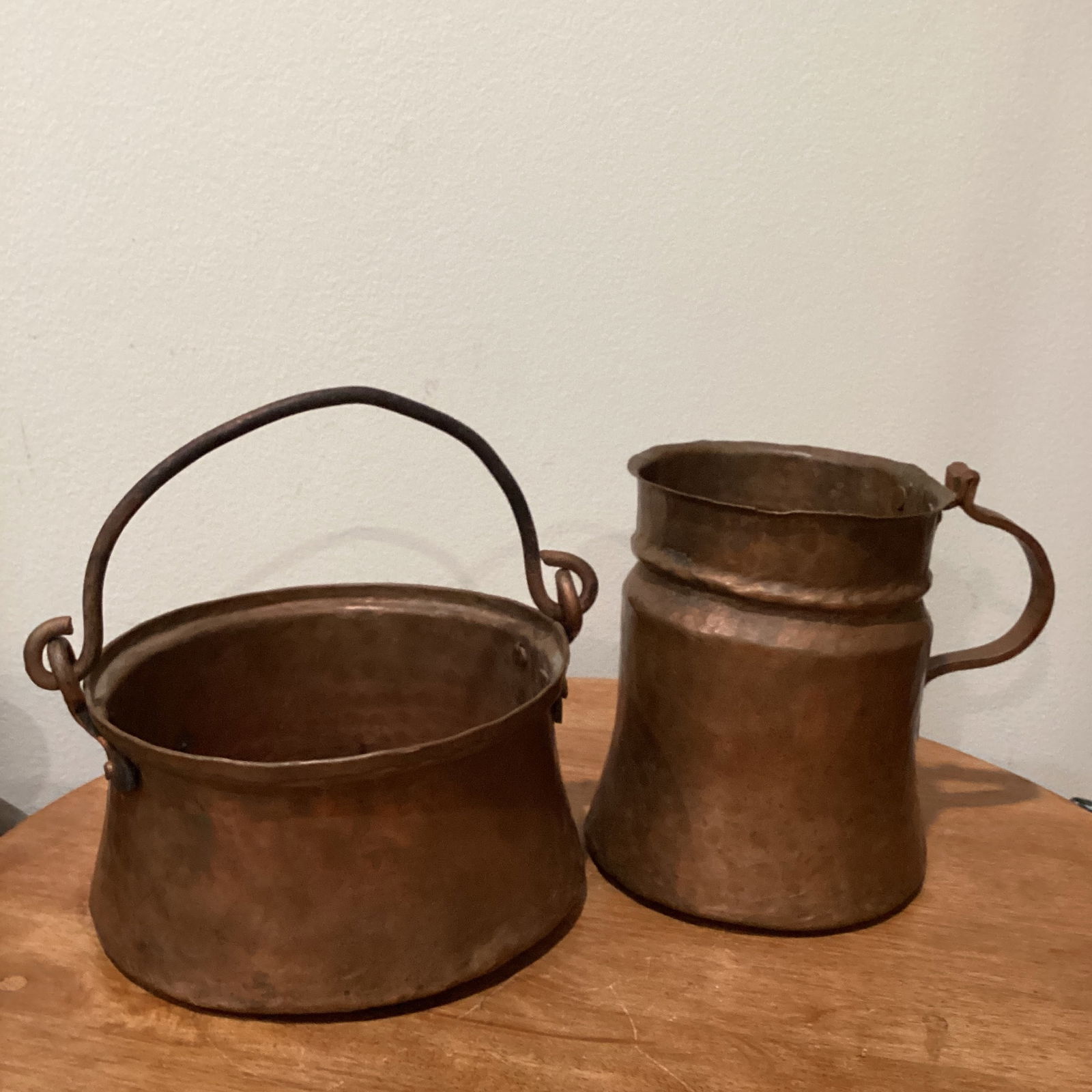 Early 19th Century Handcrafted Hand Hammered Copper Jug /Container With Handle and Cooking Pot - Set - 10
