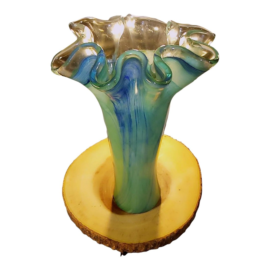 Vintage Italian Green Murano Glass Vase: This rippled glass vase has streaks of blue and dark green on a pale green color field. It contains a maker's label for Murano. Circa Mid 20th Century Condition: Alterations: Restored Imperfections: S