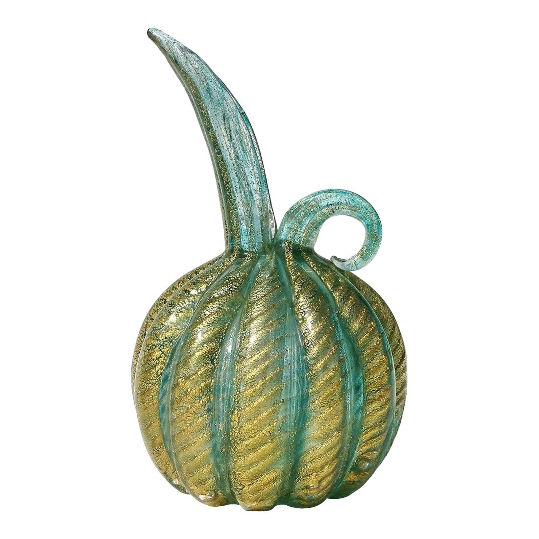 Murano Barovier Toso Vintage Emerald Green Gold Flecks Italian Art Glass Bulb Shaped Pitcher Flower: Beautiful vintage Murano hand blown emerald green and gold flecks Italian art glass decorative pitcher shaped flower vase. Documented to designer Ercole Barovier, for the Barovier e Toso company. Crea