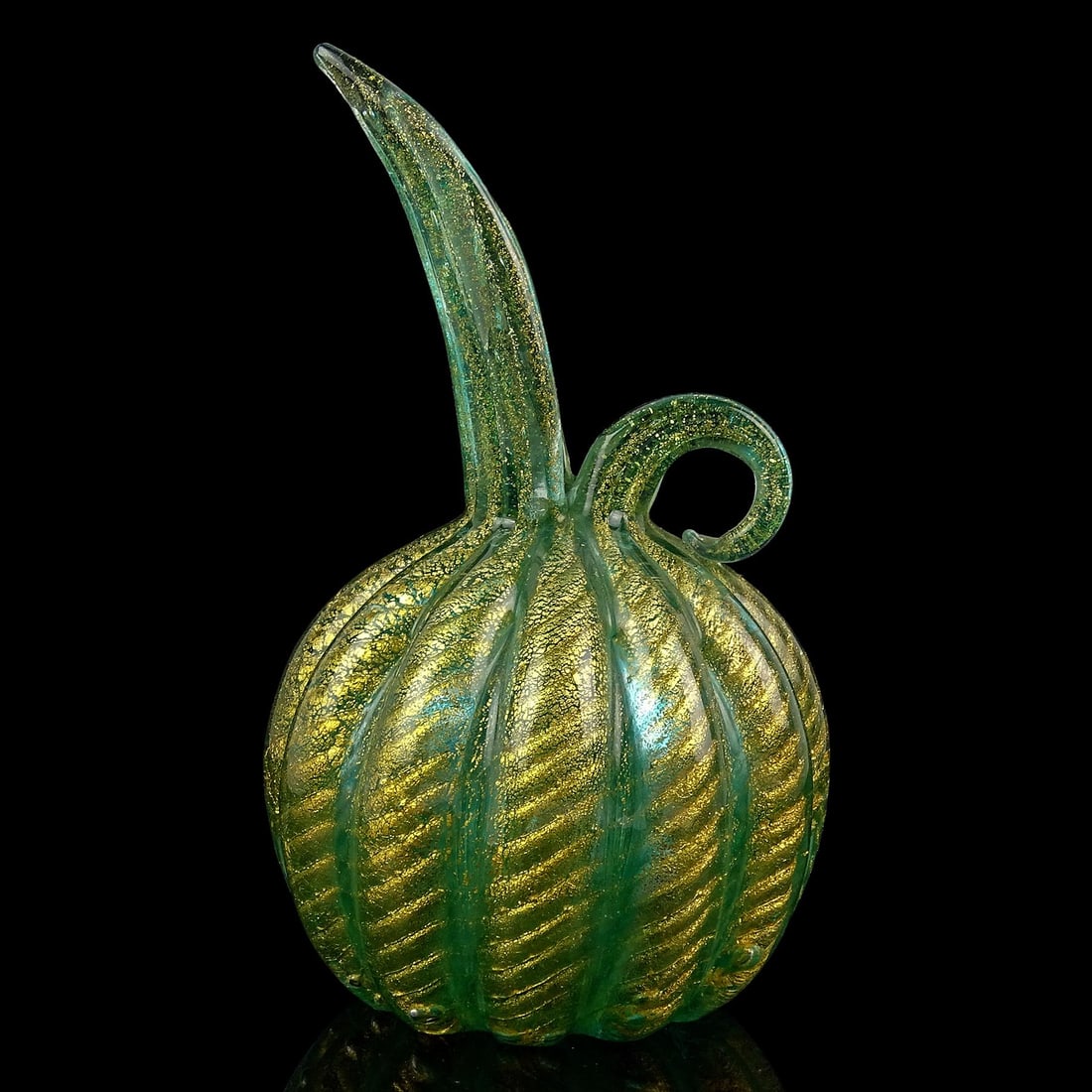 Murano Barovier Toso Vintage Emerald Green Gold Flecks Italian Art Glass Bulb Shaped Pitcher Flower - 2