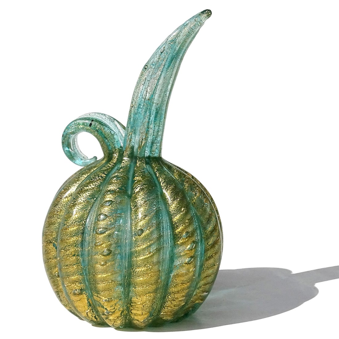 Murano Barovier Toso Vintage Emerald Green Gold Flecks Italian Art Glass Bulb Shaped Pitcher Flower - 3