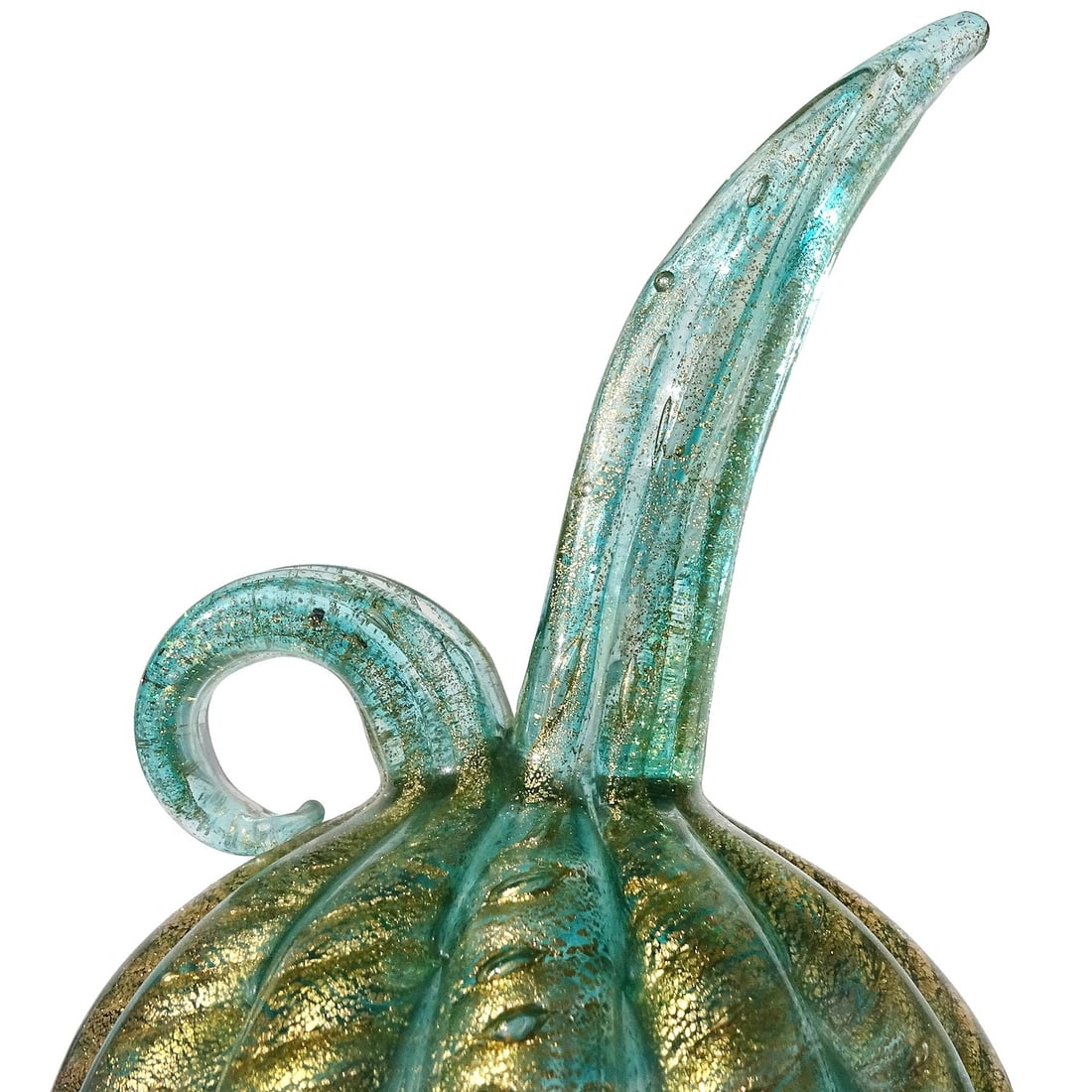 Murano Barovier Toso Vintage Emerald Green Gold Flecks Italian Art Glass Bulb Shaped Pitcher Flower - 4