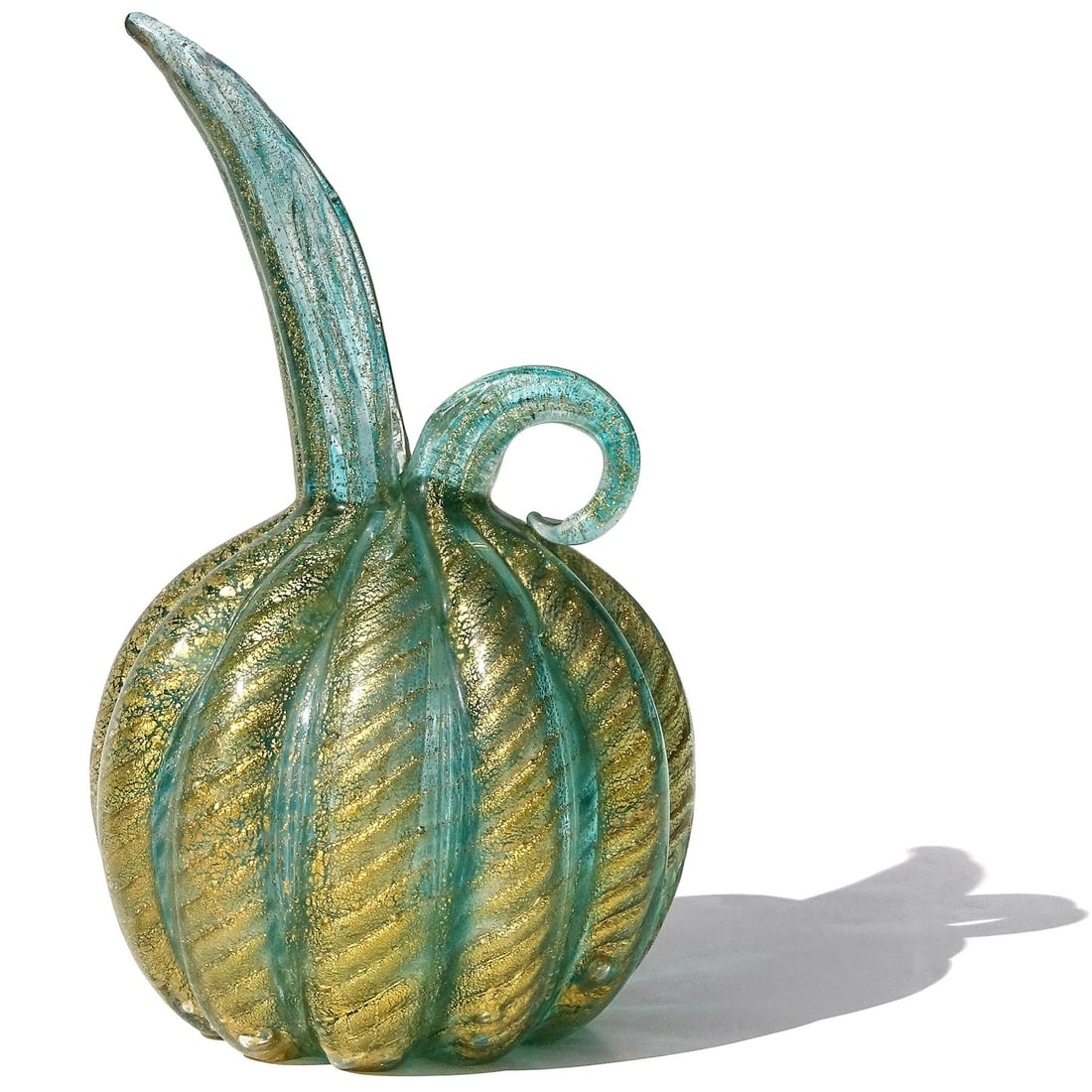 Murano Barovier Toso Vintage Emerald Green Gold Flecks Italian Art Glass Bulb Shaped Pitcher Flower - 5