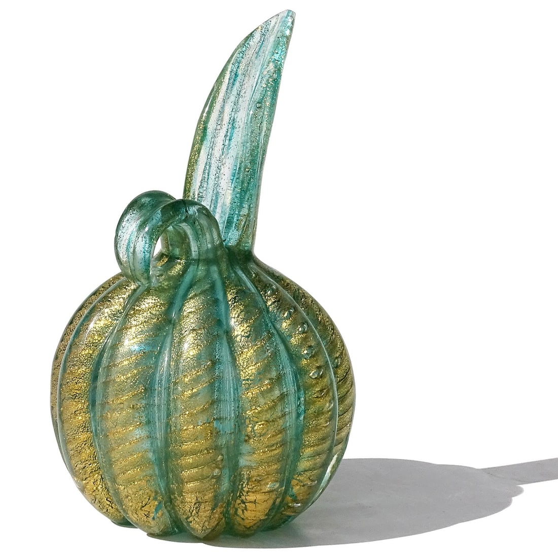 Murano Barovier Toso Vintage Emerald Green Gold Flecks Italian Art Glass Bulb Shaped Pitcher Flower - 6