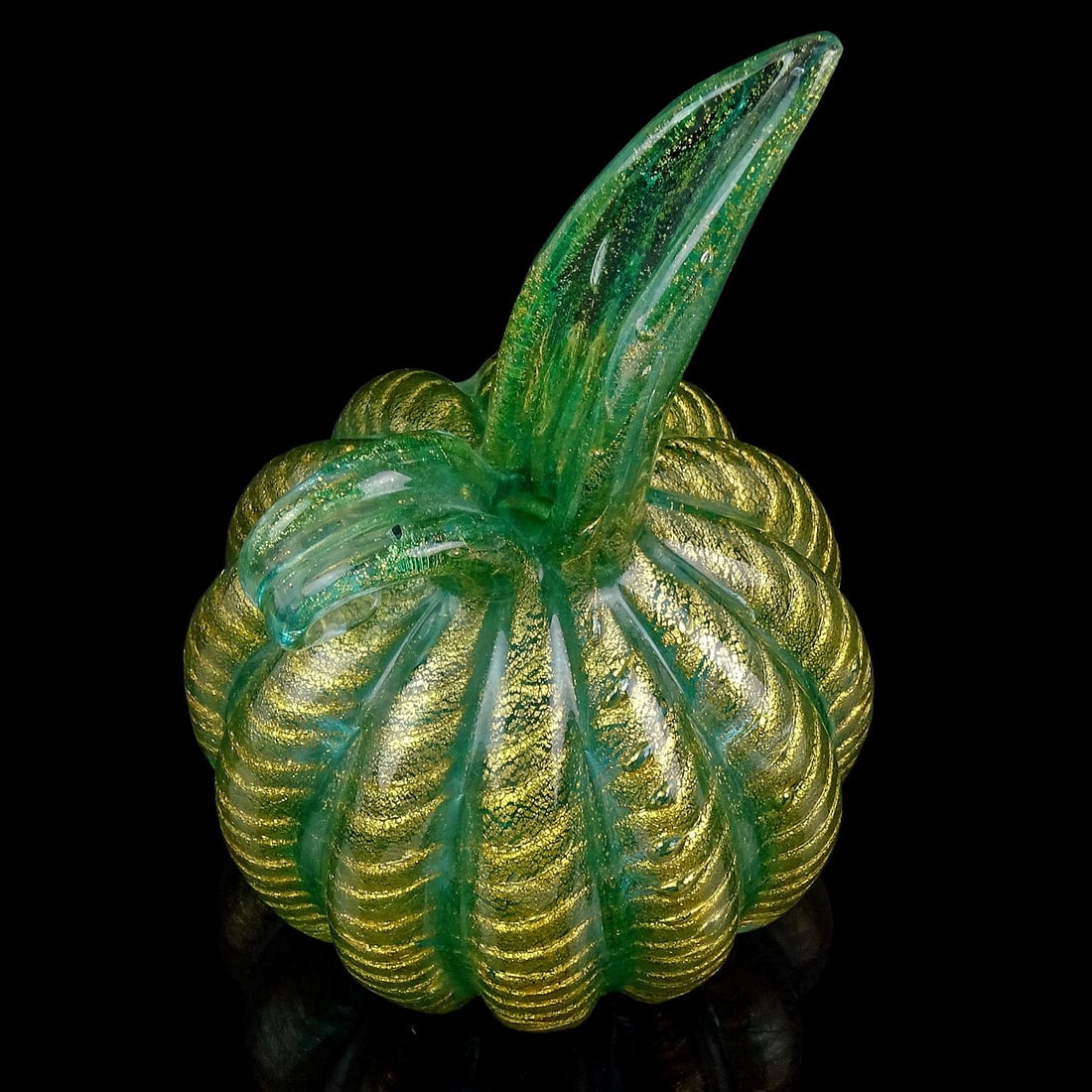Murano Barovier Toso Vintage Emerald Green Gold Flecks Italian Art Glass Bulb Shaped Pitcher Flower - 7