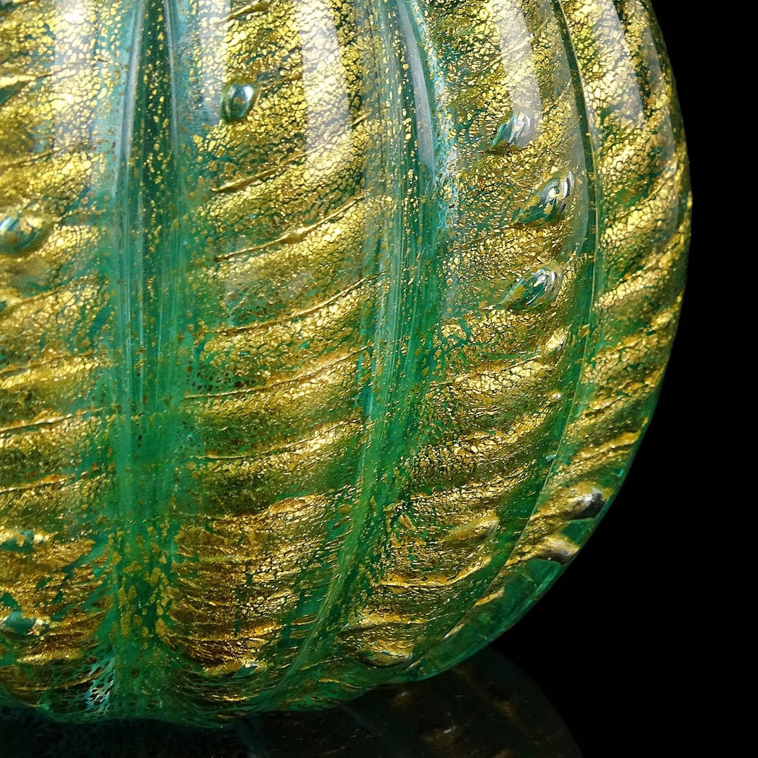 Murano Barovier Toso Vintage Emerald Green Gold Flecks Italian Art Glass Bulb Shaped Pitcher Flower - 8