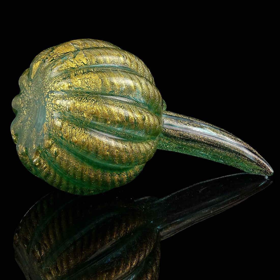 Murano Barovier Toso Vintage Emerald Green Gold Flecks Italian Art Glass Bulb Shaped Pitcher Flower - 9