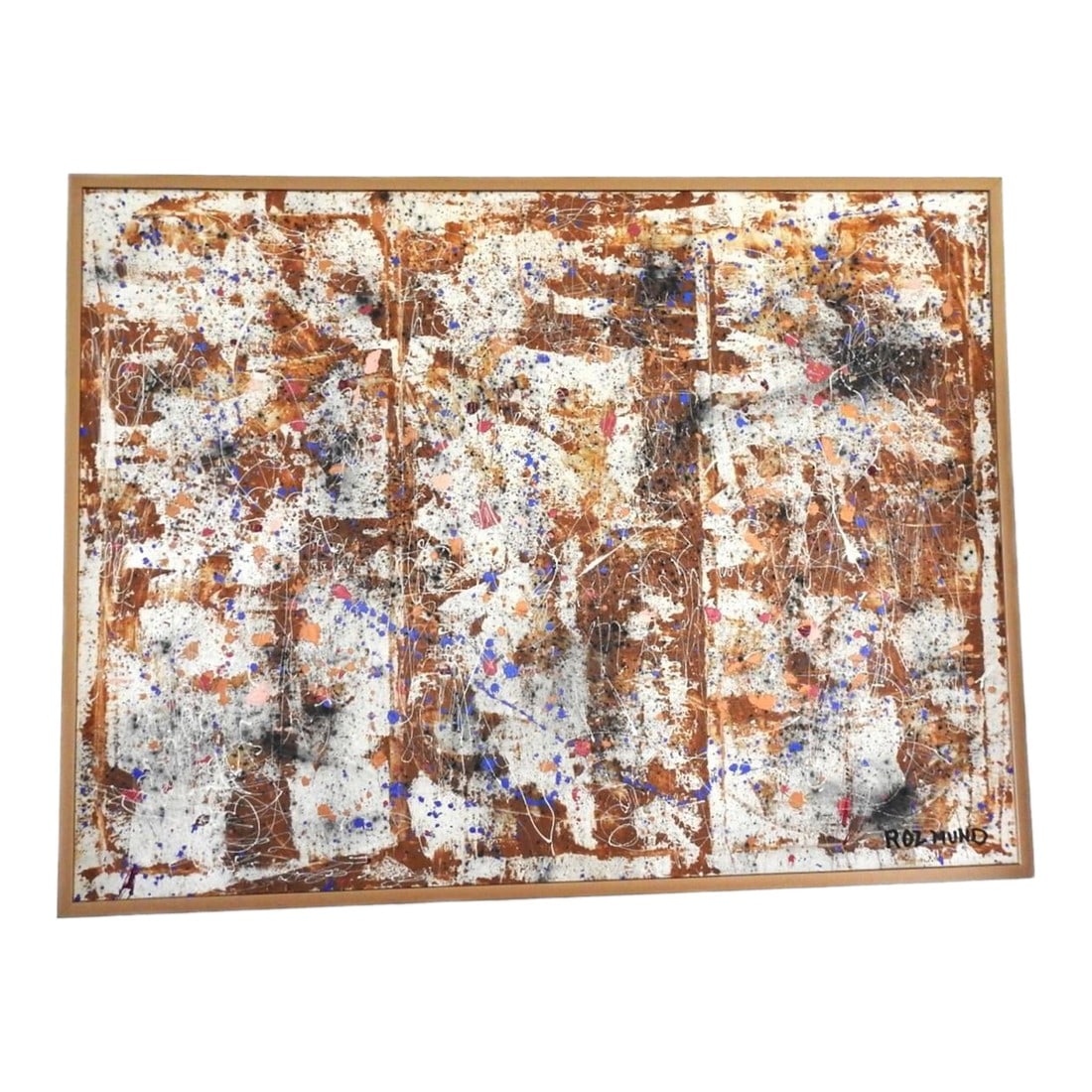 Late 20th Century Abstract Expressionist Drip Acrylic Painting by Roz Mund, Framed: Large abstract expressionist drip acrylic painting in the style of Jackson Pollock, Signed "Roz Mund". Solid wood frame. Colors: white, brown, pink, blue, brown, and black. Metallic shine on some colo