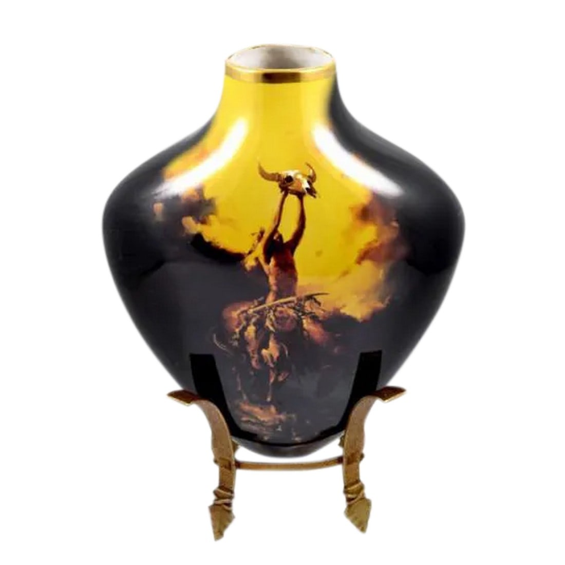 American Porcelain Vase Arrow Shaped, Signed M. Chin: American Porcelain Vase Arrow Shaped. The design painted on the porcelain depicts an Indian warrior on a horse holding a bull skull. The arrow shaped vase has the original hand hammered bronze stand i