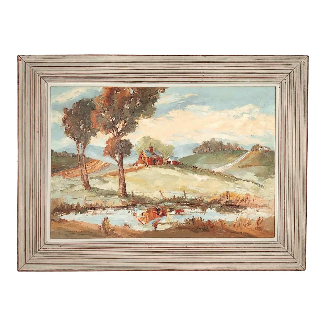 Mid 20th Century Vintage Painting Countryside Landscape Farm Barn Large Signed: On offer is this charming and well-executed painting featuring a countryside farmhouse/barn scene. Beautiful, soft colors throughout with a punch of rusty-red. Textured, palette knife strokes create d