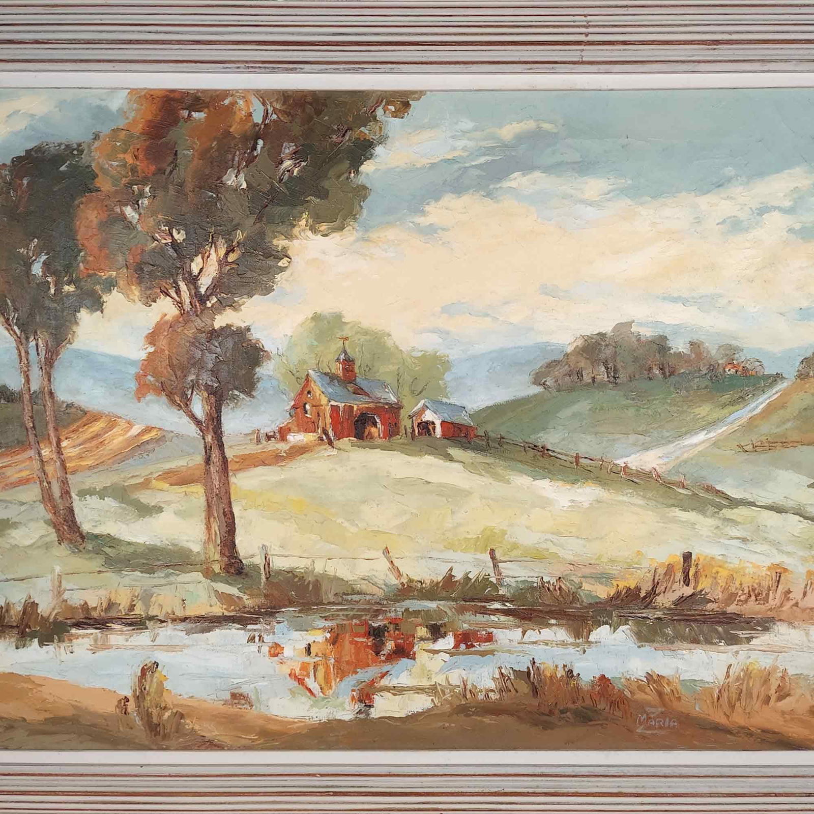 Mid 20th Century Vintage Painting Countryside Landscape Farm Barn Large Signed - 2
